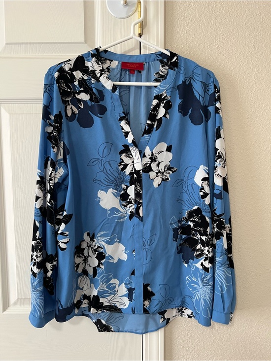 Jennifer Lopez Tops - Jennifer Lopez Floral Blouse XL Blue Black White Long Sleeve Tunic Top